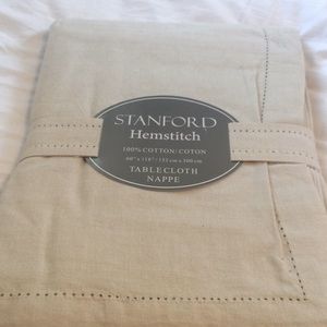 New 100% Cotton tan hemstitch table cloth 60”x118”